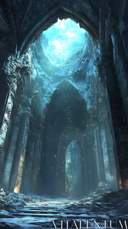 Mystic light pours into a crumbling frozen stone cathedral