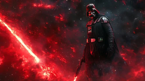 Armored figure with red lightsaber in fiery nebular field.
