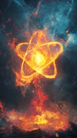 Fiery atomic symbol burning in a stormy cosmic void.