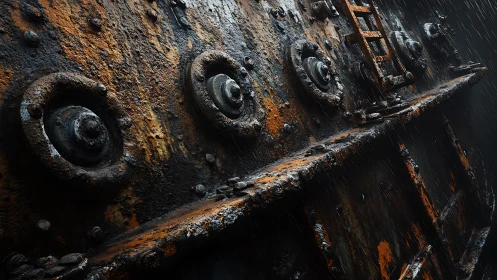 Corroded metal ship hull shows heavy rust and structural decay