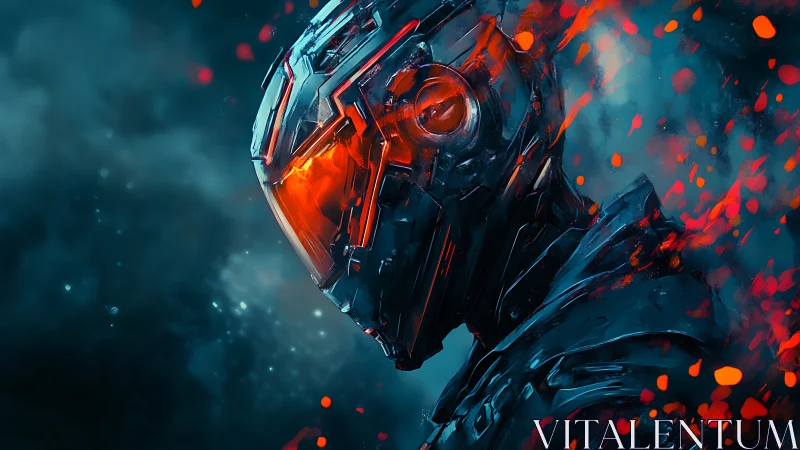 Cybernetic warrior portrait with molten visor glow and embers.