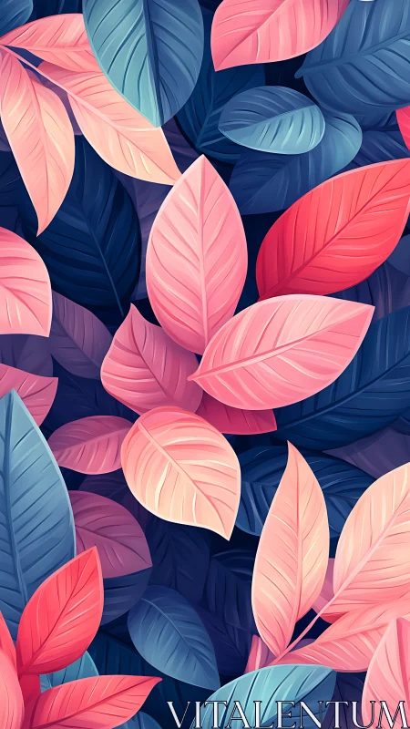 Color-rich digital foliage pattern with pink and blue leaves.