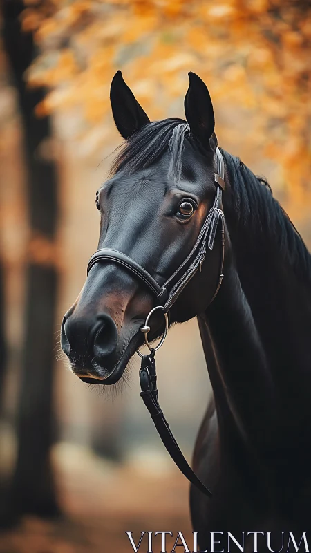 Graceful black horse gazes softly through warm autumn light