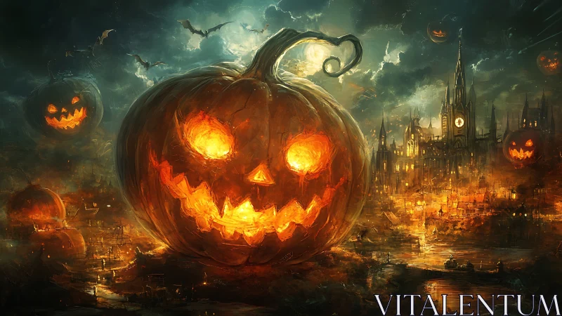 Gleaming jack o’lantern city under a stormy Halloween sky.