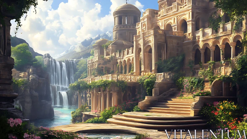 Stone terrace complex stands beside tiered river waterfalls