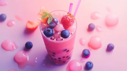 Pink Bubble Tea Beverage with Fresh Berries and Mint Garnish