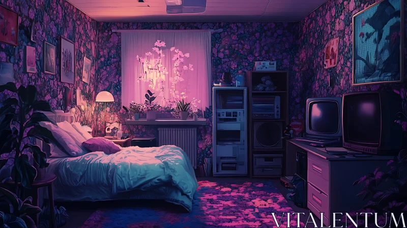 Neon lit floral bedroom with retro electronics and plants.