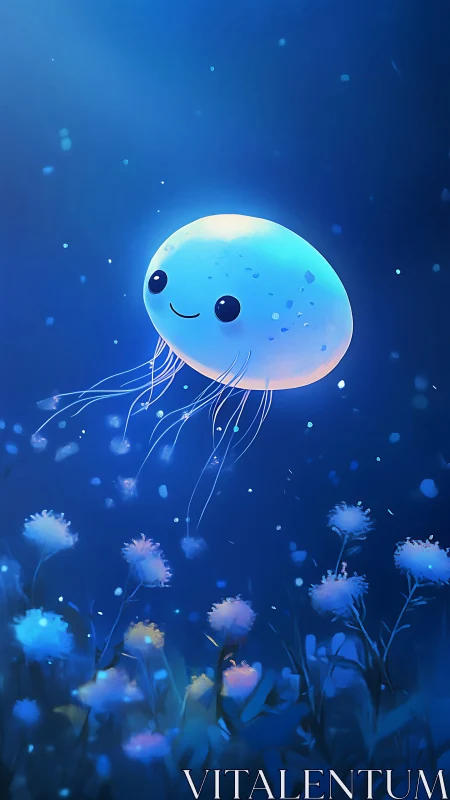 Cute glowing jellyfish character over blue sea plants.
