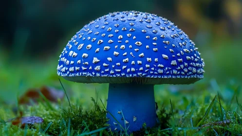 Blue mushroom cap shows textured white warts in damp grass
