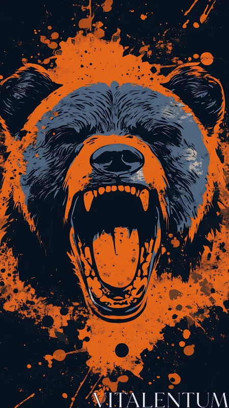 Roaring bear explodes through abstract orange paint splashes.