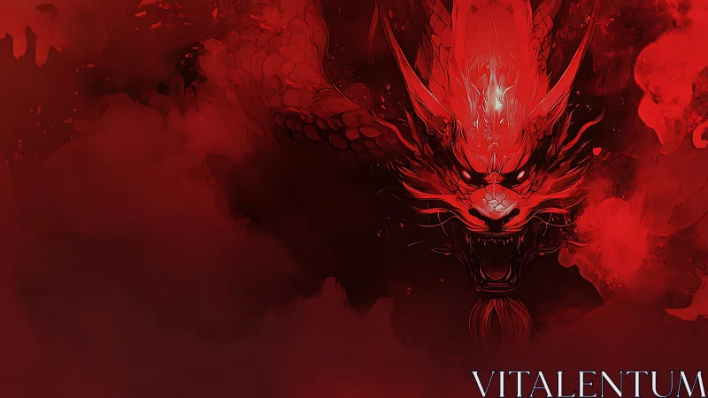 Chromatic inferno dragon visage in high-saturation red field.