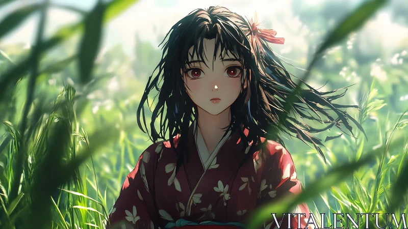 Anime girl in red kimono within sunlit summer field.