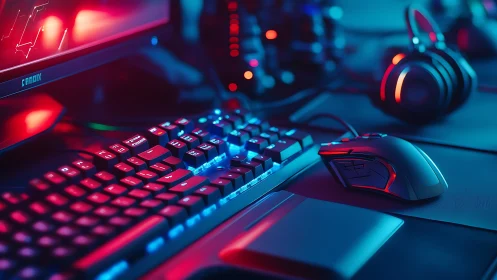 RGB gaming keyboard and mouse glow under neon studio lighting