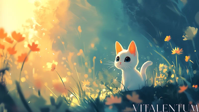 Luminous White Cat Discovers Golden Blossoms in Dreamy Meadow