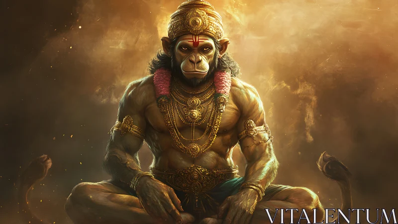 Divine simian warrior sits in radiant golden atmosphere