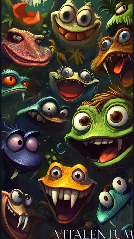 Colorful cartoon monster faces clustered in vertical frame.