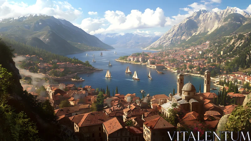 Sunlit terracotta harbor town nestled in alpine fjord bay.