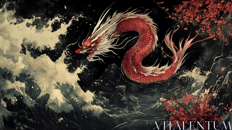 Red oriental dragon coils above stormy dark ocean waves.