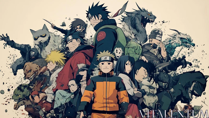 Ensemble of stylized ninja characters in dynamic formation.