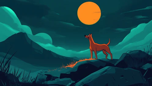 Canine silhouette on rocky hill under large circular moon.
