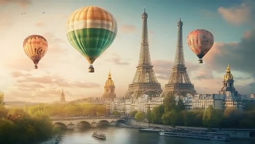 Digital painting of Paris skyline with balloons in warm light.