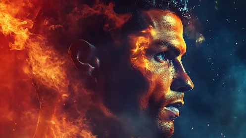 Profile portrait of male face emerging from vivid flames