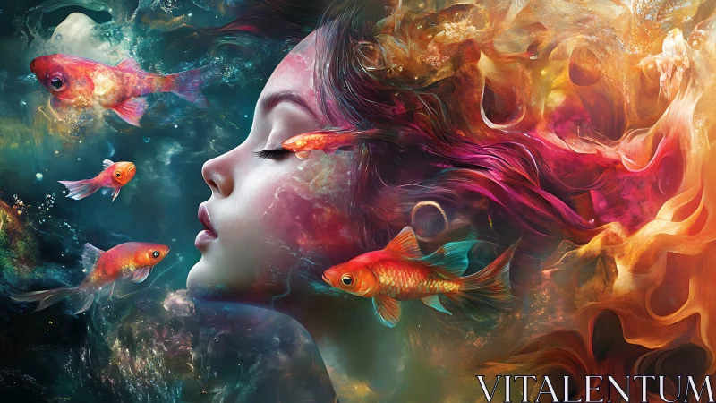 Aquatic dream interface with luminescent koi and chromatic hair.