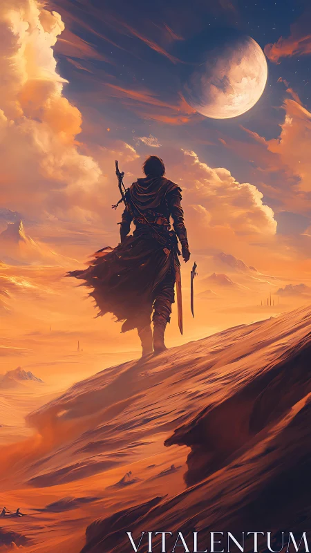 Lone warrior strides through glowing alien desert under moon.