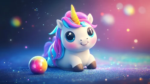 Starlit baby unicorn cuddles with rainbow orb of wonder.