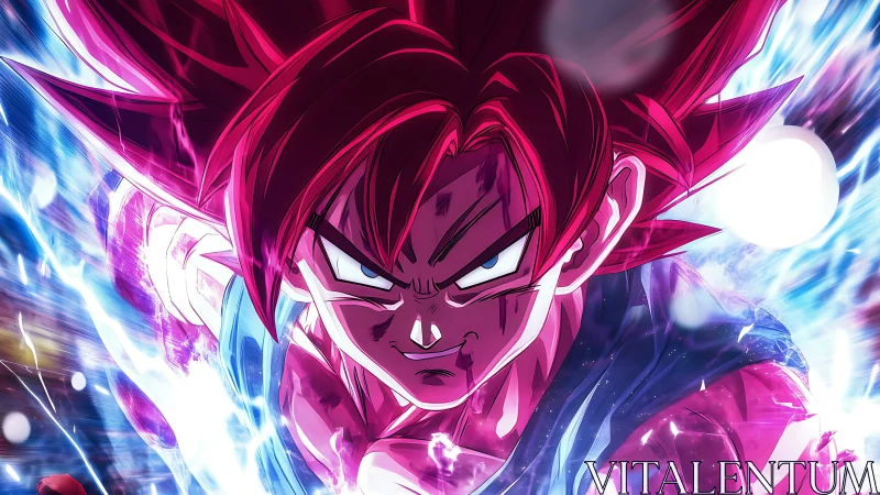 Intense anime warrior charging in blue and pink energy.