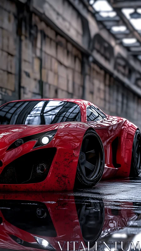 Red supercar glides through wet industrial tunnel street.