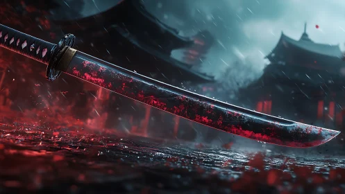 Crimson katana poised in rain over misty temple courtyard.