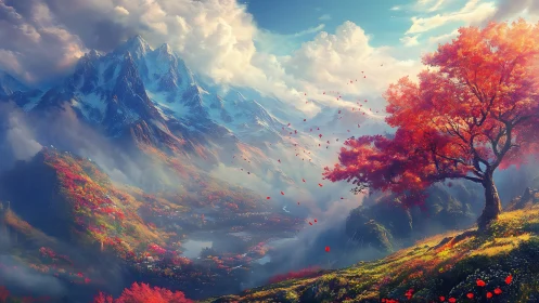 Crimson tree dreaming over misty mountains and valleys.