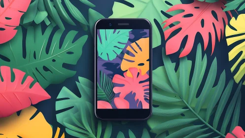 Smartphone display shows stylized tropical leaves alignment