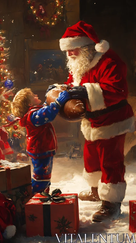 Santa and child share Christmas gifts by lit tree indoors.