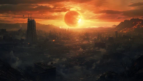 Apocalyptic skyline under oversized sun with burning industrial ruins