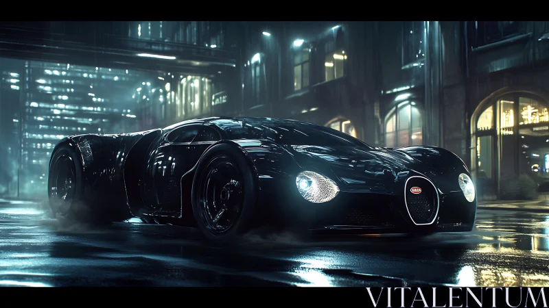 Nocturnal aero-hypercar on reflective neo-noir rain street.