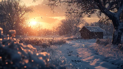 Winter cabin at sunrise rendered in cinematic digital painting