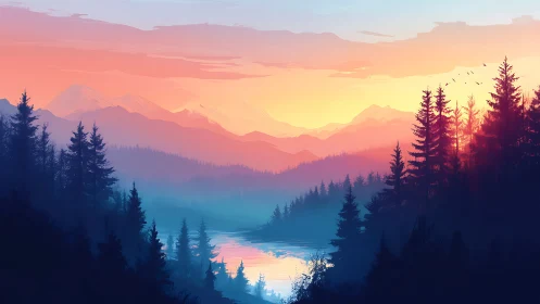 Soft sunrise colors paint a tranquil forest lake valley