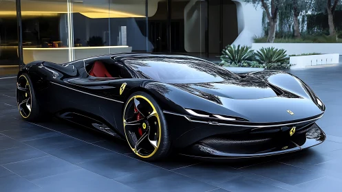 Midnight hypercar prowls a glassy courtyard like liquid obsidian