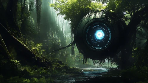 Circular technological structure suspended in dense jungle.