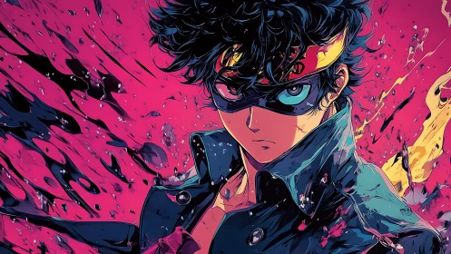 Masked anime vigilante amid dynamic magenta energy burst