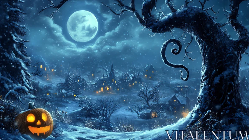 Snowy Halloween village under full moon and jack o lantern.