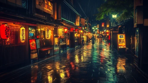 Nocturnal wet street with neon-lit Japanese shopfront reflections.