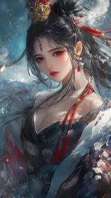 Elegant fantasy empress gazes through swirling winter light