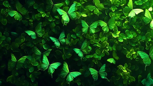 Emerald butterflies drift above glowing clover leaves at dusk.