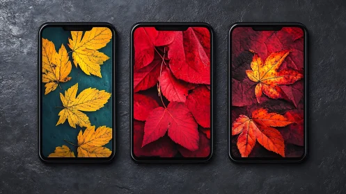 Smartphone triptych displays high-saturation autumn leaf macro wallpapers