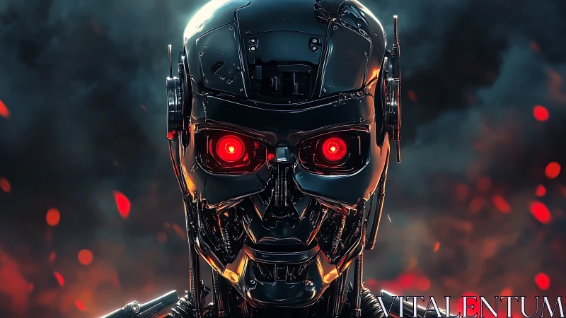 Cybernetic skull with glowing red eyes amid embers.