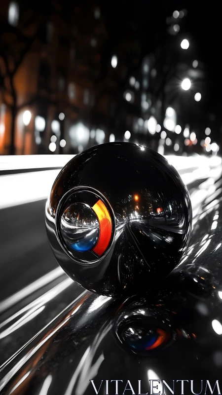 Chrome sphere on city street with light trails at night.
