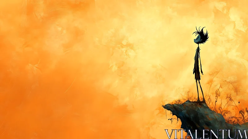 Solitary figure on cliff edge under luminous orange sky.